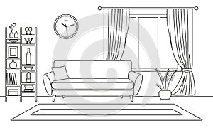 Living room interior outline sketch. Line style interior design with window and furniture: sofa, bookshelf, flowerpot, carpet.